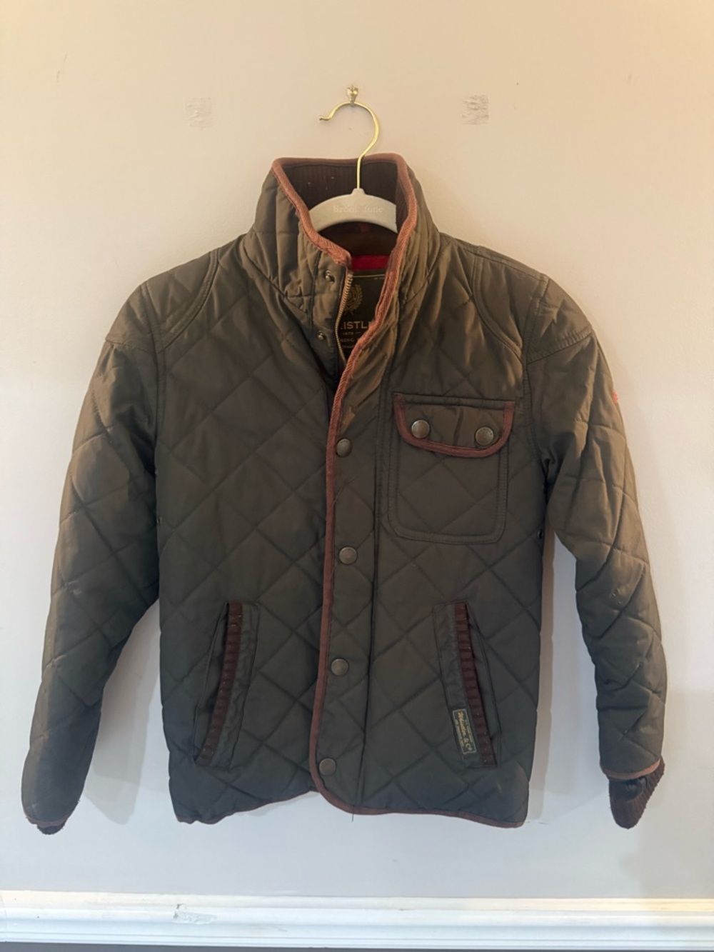 Quilted Olive Green Men's Jacket with Brown Trim